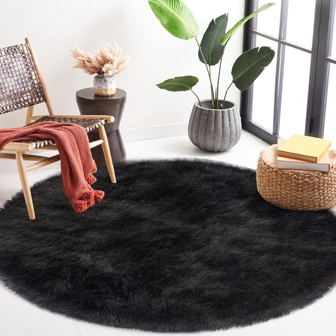 Latepis Black Furry Rugs for Bedroom Circle Faux Sheepskin Fur Rug Fluffy Round - Image 7