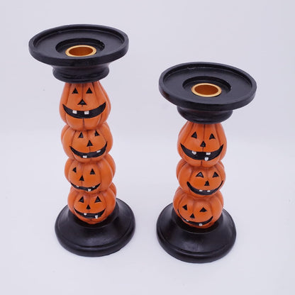 Etistta Halloween Pumpkin Candle Holder for Fireplace Decor, 9.5 Inch Tall Polyresin Candlesticks for Decorations, Set of 2