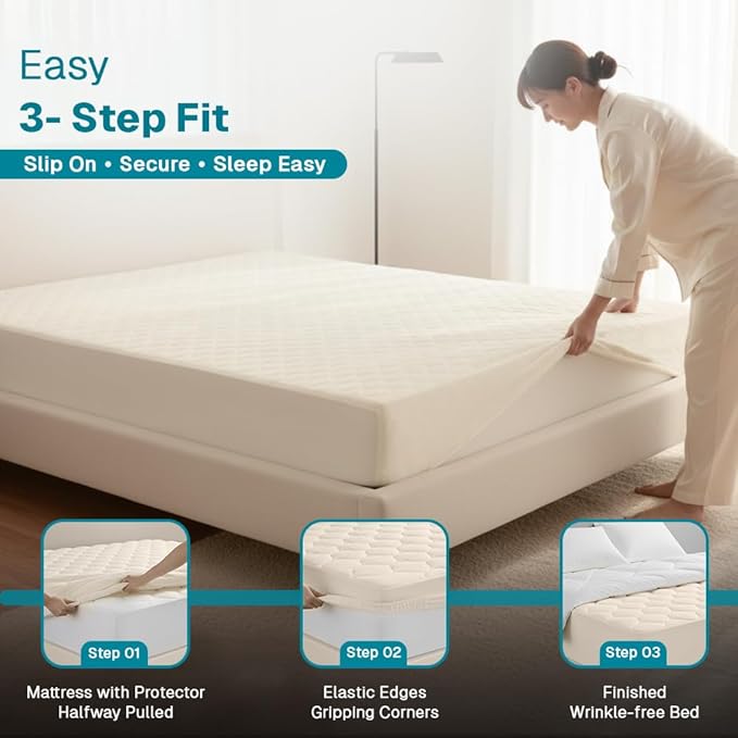 FABDREAMS Organic Quilted Mattress Protector Queen Size | Mattress Pad| - Image 4