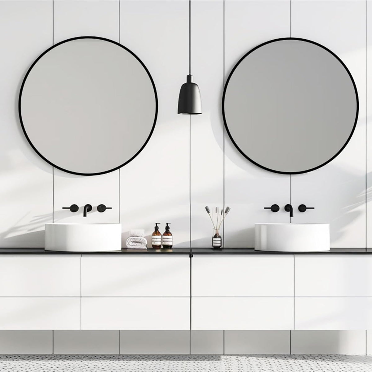 round mirror 30 inch, circle black mirror, matte, close-up detail