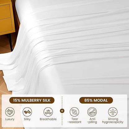 Luxury Mulberry Silk Modal Queen Size Sheet Set 4pc, Ultra Breathable & Cooling - Image 2