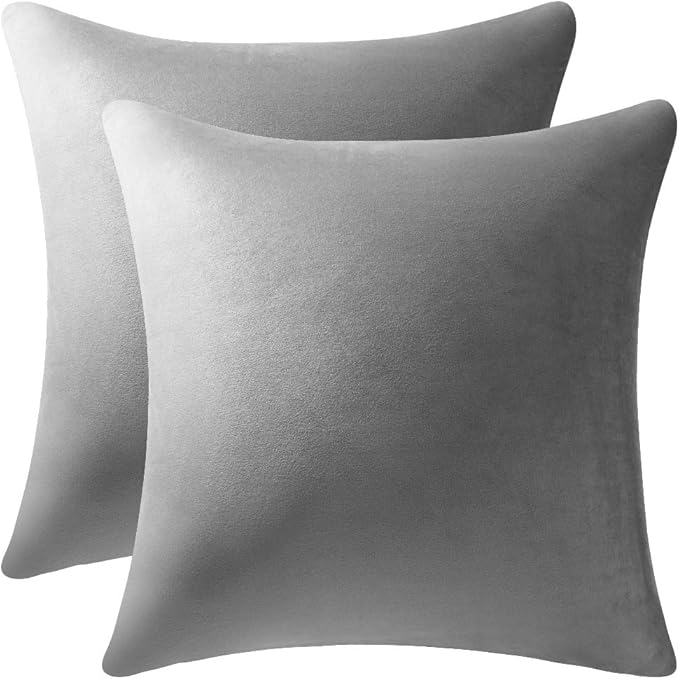 Decorative Pillow Cases 16x16 Light-Grey: 2 Pack Cozy Soft Velvet Square Throw by DEZENE