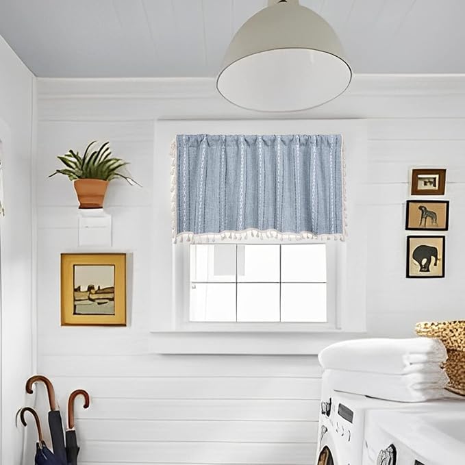ColorBird Kitchen Short Curtains，52 x 18 inch Blue Striped Valance Curtains - Image 3