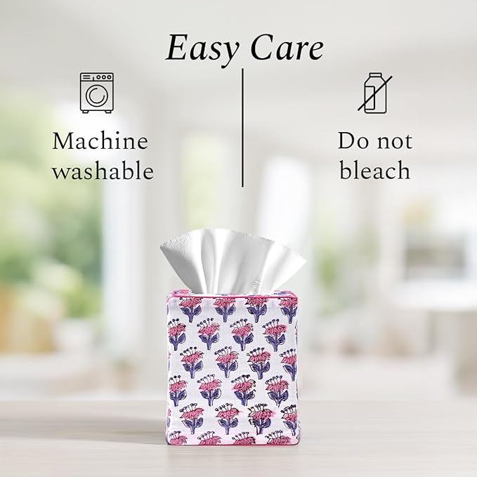 CPC Pink Sapphire Hand Block Printed Cotton Tissue Box Cover 5" x 5" x 5.5" - Image 8