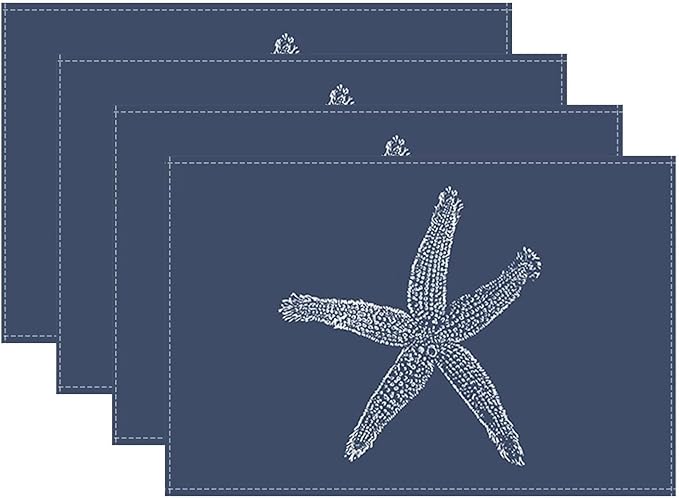 Summer Coastal Placemats Set of 4, Beach Theme Ocean Navy Blue Starfish by Sunshineyan