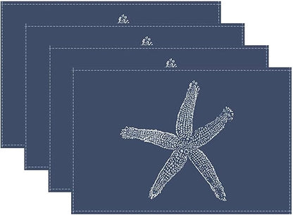 Summer Coastal Placemats Set of 4, Beach Theme Ocean Navy Blue Starfish by Sunshineyan