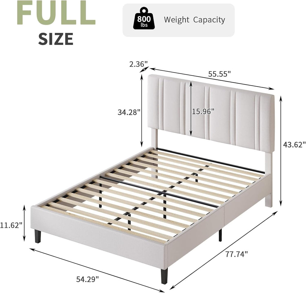 Lullabyre Full Bed Frame with Linen Upholstered Adjustable Headboard, Platfor...