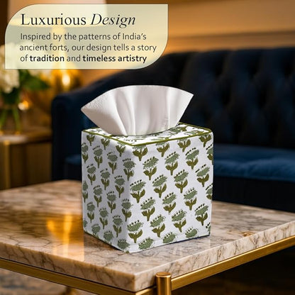 CPC Emerald Green Hand Block Printed Cotton Tissue Box Cover 5" x 5" x 5.5" - Image 2
