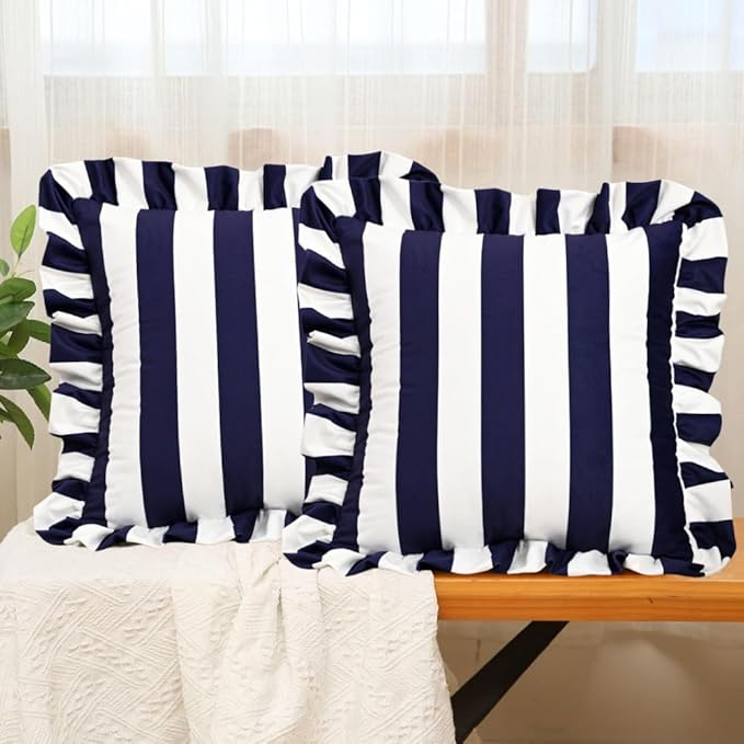 vctops Ruffle Square Throw Pillow Covers Boho Navy and White Striped Decorative by vctops