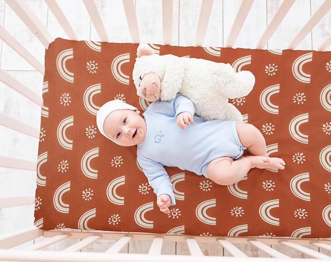4 Pack Crib Sheets Boho Nursery Sheets Sunshine and Rainbow Desdign Neutral - Image 3