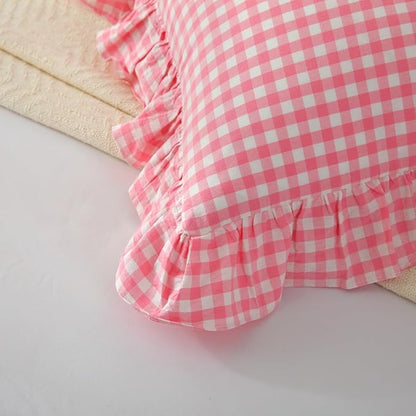 2 Pack Vintage Light Pink Plaid Ruffle Throw Pillow Covers, Washed Cotton - Image 5