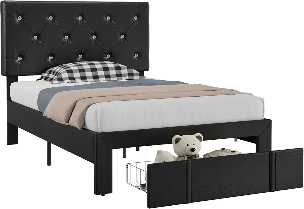 VECELO Twin Size Bed Frame with Storage Drawers, Leather Upholstered Bedframe...