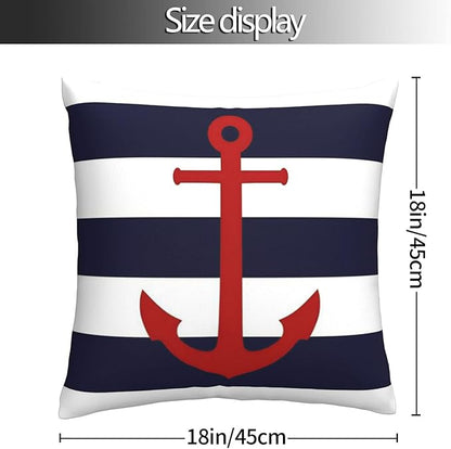 Myshe Square Nautical Red Anchor On Navy Blue Stripes Throw Pillow Cover - Image 5
