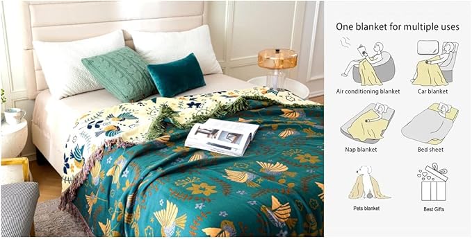 MSGKV 100% Cotton Blanket Boho Throw Blue Warm Couch Sofa Bed Double Sided Knit - Image 8