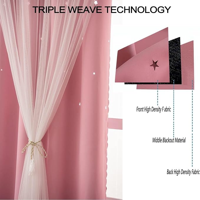 Pink Blackout Curtains for Girls Bedroom Living Room 72 Inch Length Star Cut - Image 5