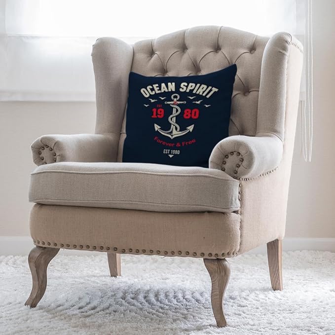 Moslion Nautical Throw Pillow Cover Ocean Spirit Anchor Quote Cotton Linen - Image 4