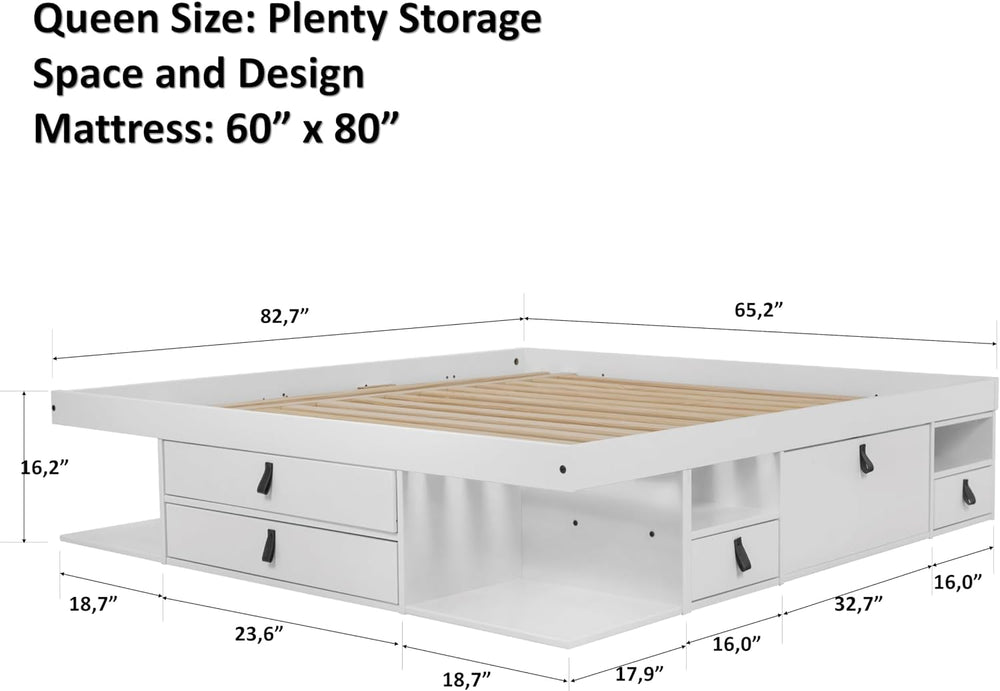 memomad Bali Chest Set: Bed + Storage Headboard, Queen Size, Matte White