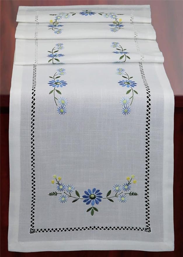 Creative Linens Hemstitched Embroidered Daisy Flower Table Runner 15x52 Dresser by Creative+Linens