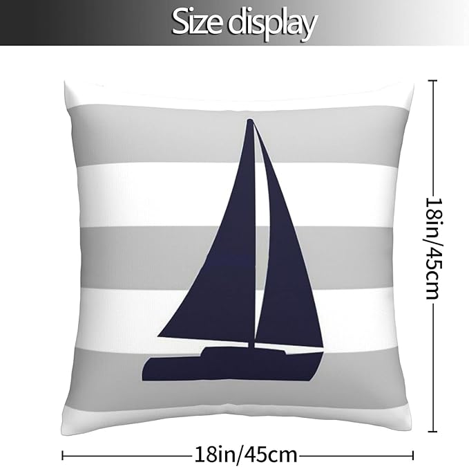 Myshe Square Nautical Navy Blue Sailboat On Silver Gray Stripes Throw Pillow - Image 5