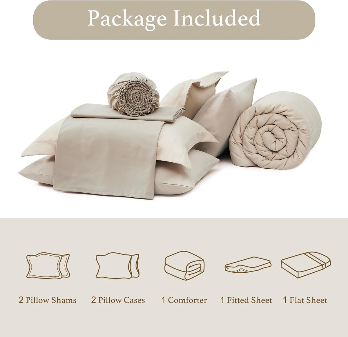 full size comforter sets-7 pieces beige soft bed on a desk or shelf