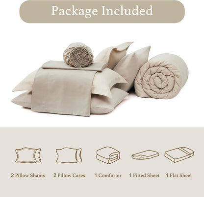 full size comforter sets-7 pieces beige soft bed on a desk or shelf