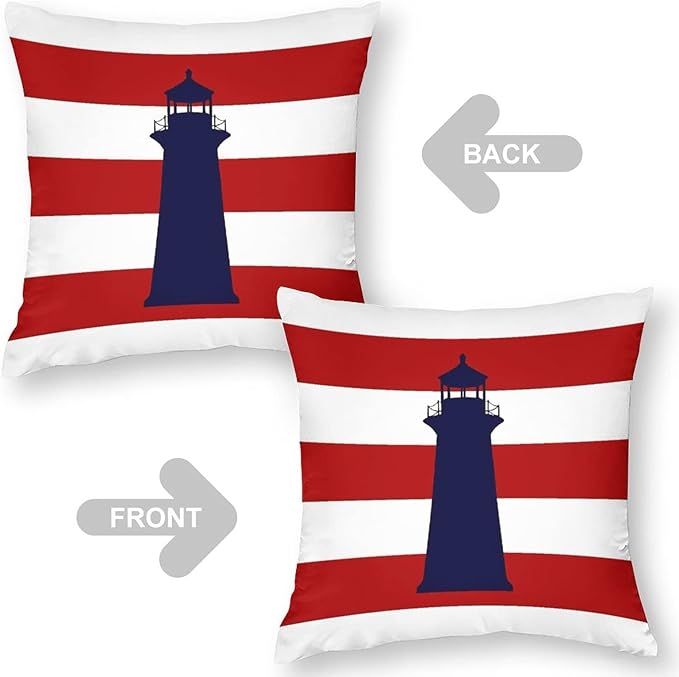 Myshe Square Nautical Navy Blue Lighthouse On Red Stripes Throw Pillow Cover - Image 4