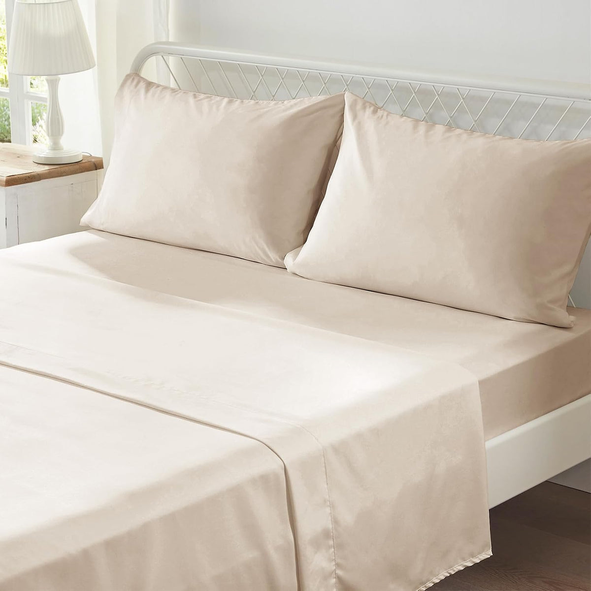 zzlpp full size comforter sets 7 piece,beige bed, front angle view