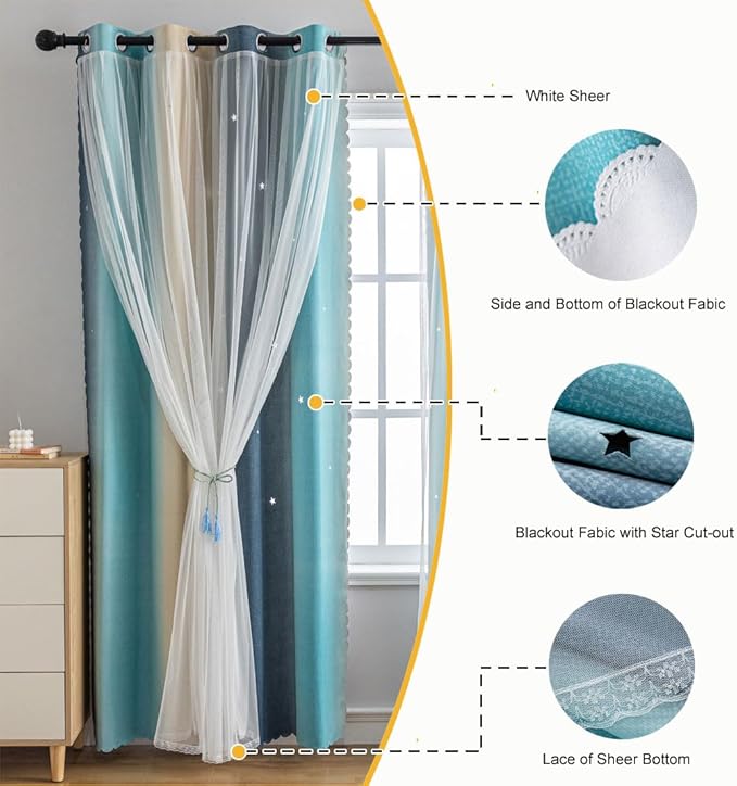 Star Girl and Kids Curtains for Bedroom Rainbow Ombre Double Layer Cute Shot - Image 4