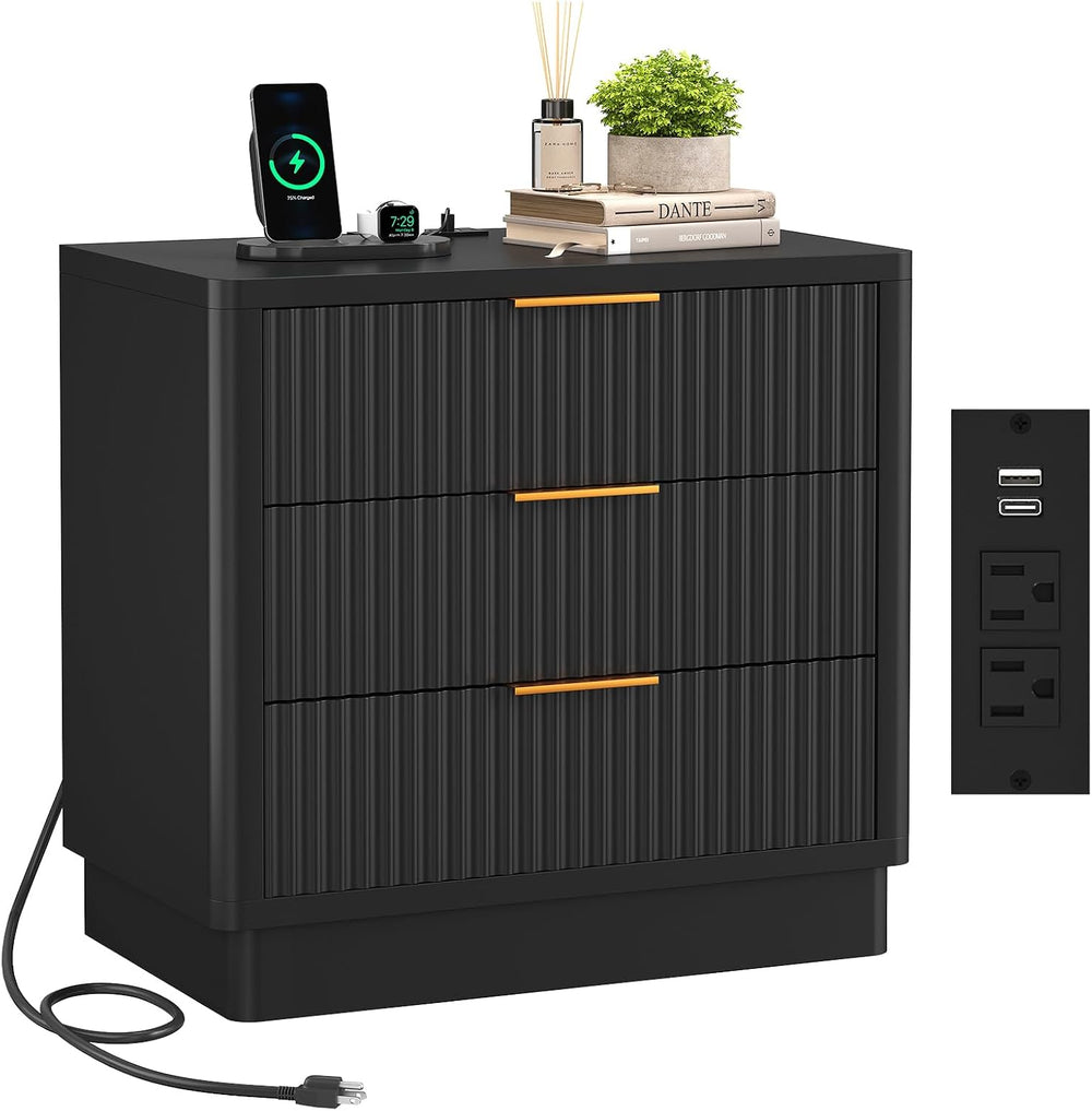 ELYKEN 24'' Black Nightstand with 3 Drawers & Outlet, Fluted End ...