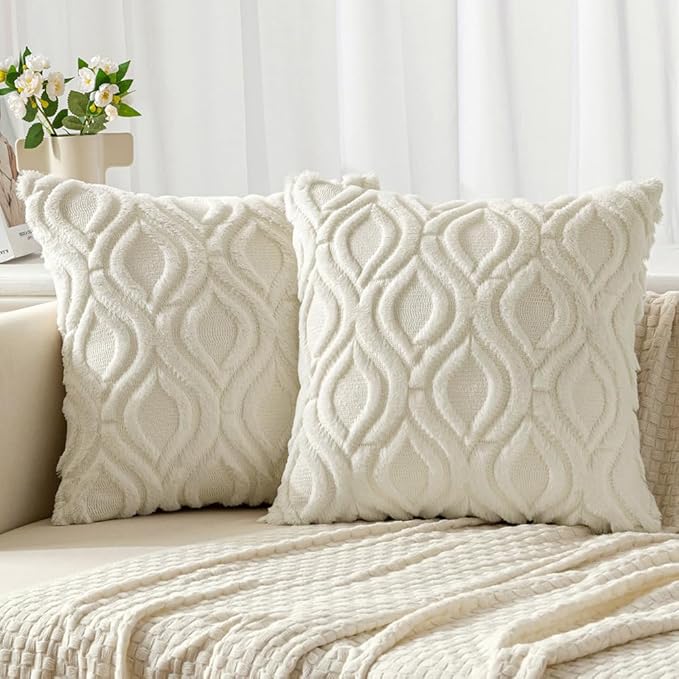 MIULEE Cream White Throw Pillow Covers 20x20 Inch, Soft Winter Plush Faux Wool by MIULEE