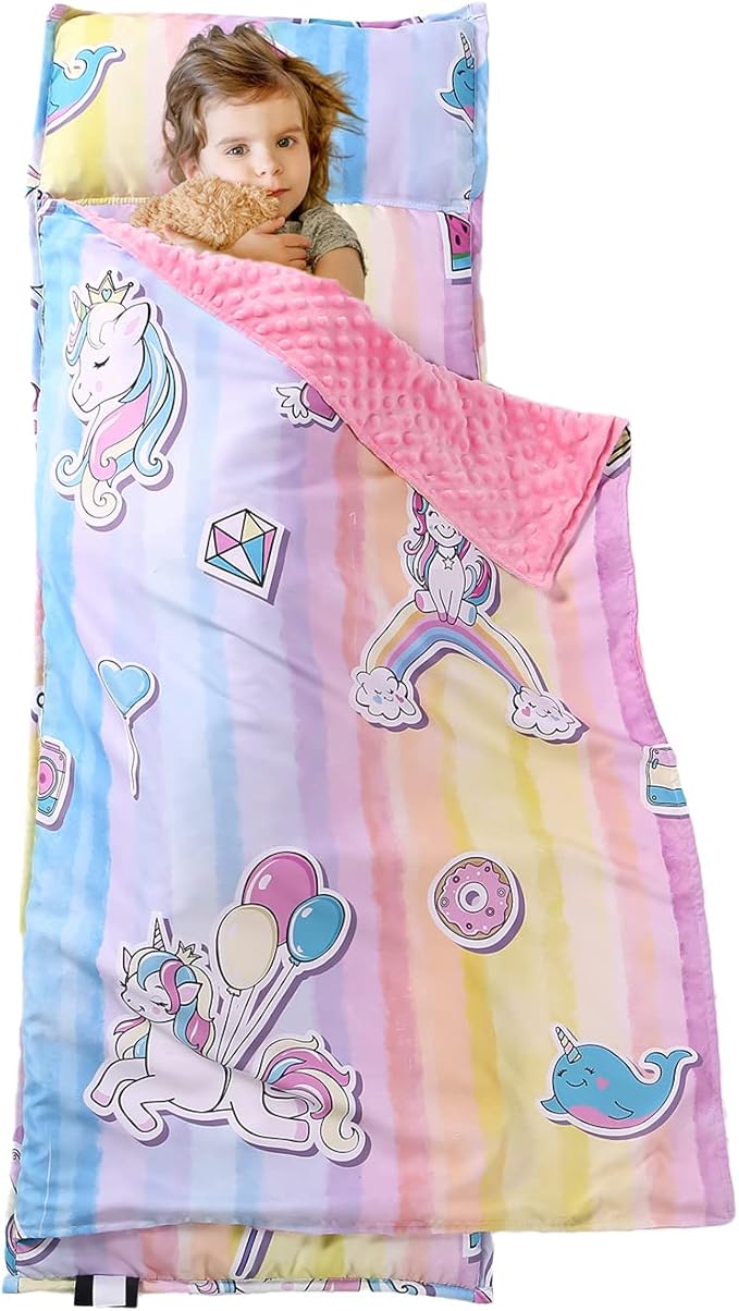 Toddler Nap Mat with Removable Pillow and Minky Blanket, Soft Rolled Napping - Image 4