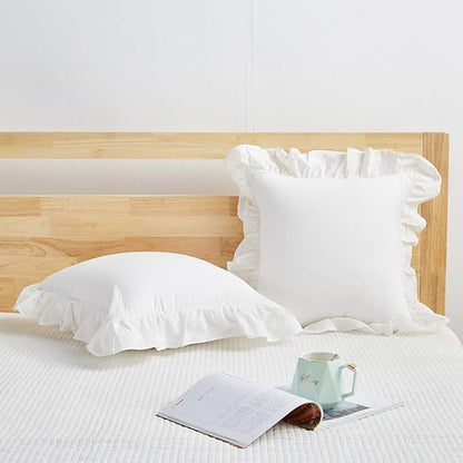 Vintage Off White Ruffle Euro Shams Shabby Farmhouse Pillow Cover 100% Washed - Image 3
