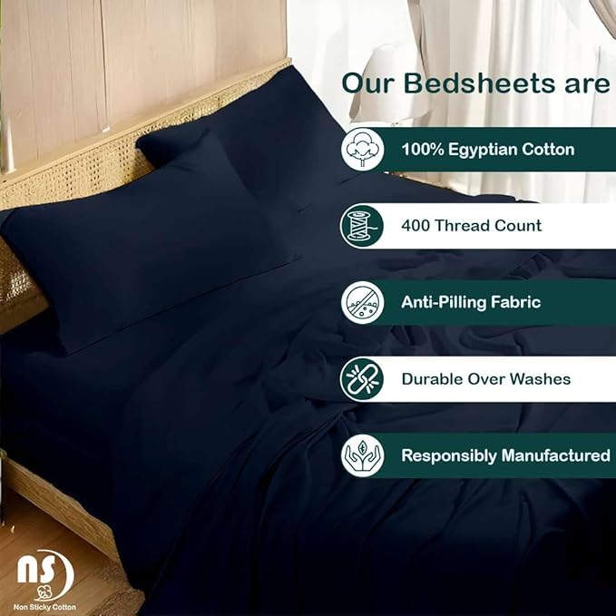 NON Sticky cotton Queen Size Sleeper Sofa Sheets, 4 Piece Egyptian Cotton Bed - Image 2