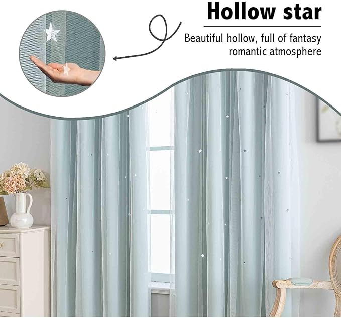 Anytime Romantic Kids Curtain, Hollow-Out Stars Window Curtain Double Layer - Image 6