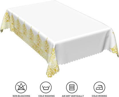 54x78inches White Rectangle Table Cloth Gold Floral Border Printed Decorative - Image 6