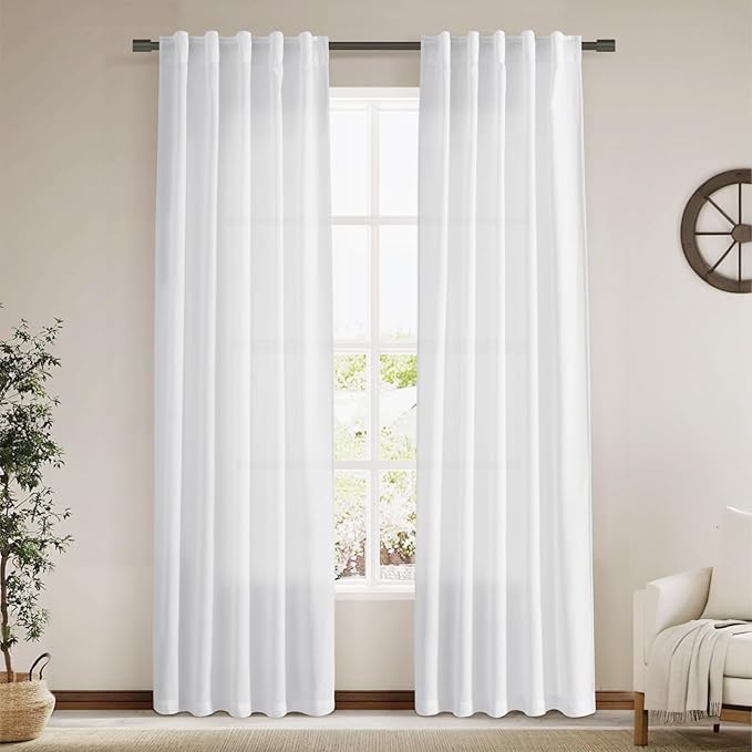 Semi Sheer White Curtains 84 Inches Long 2 Panels Back Tab Rod Pocket Linen by Nanspring