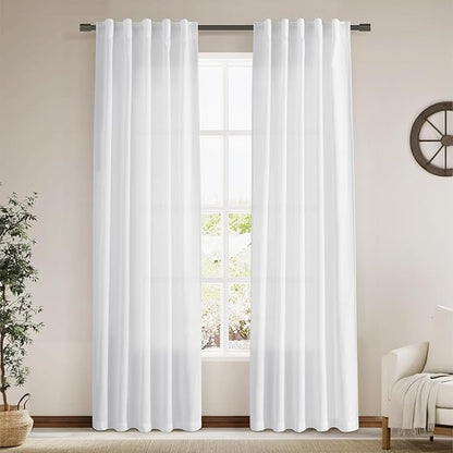 Semi Sheer White Curtains 84 Inches Long 2 Panels Back Tab Rod Pocket Linen by Nanspring