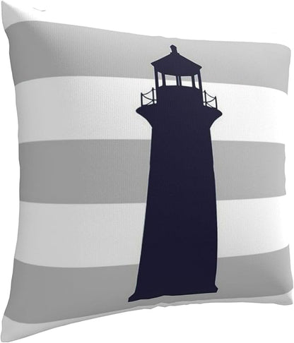 Myshe Square Nautical Navy Blue Lighthouse On Silver Gray Stripes Throw Pillow - Image 2