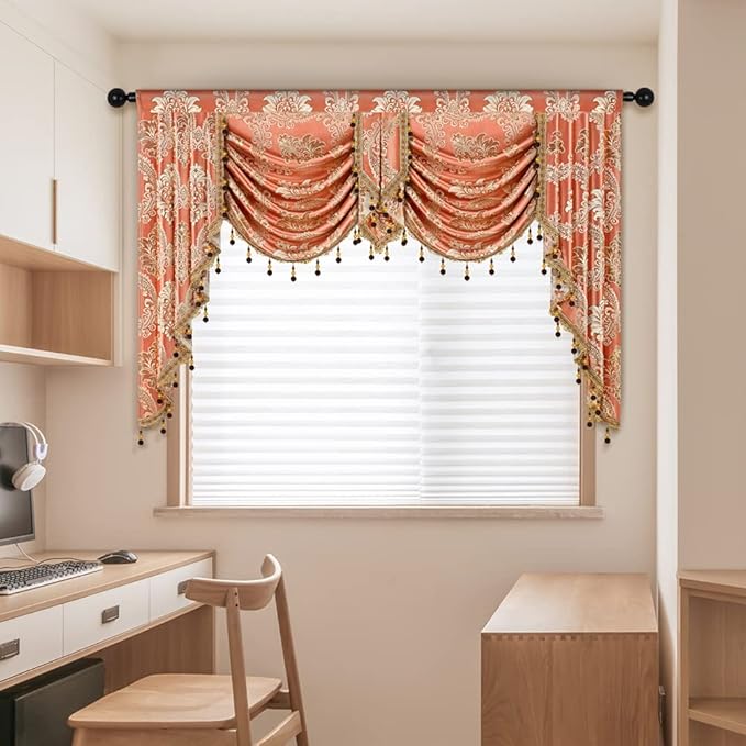 ELKCA Golden Damask Jacquard Swag Waterfall Valance Luxury Curtain Valance - Image 6