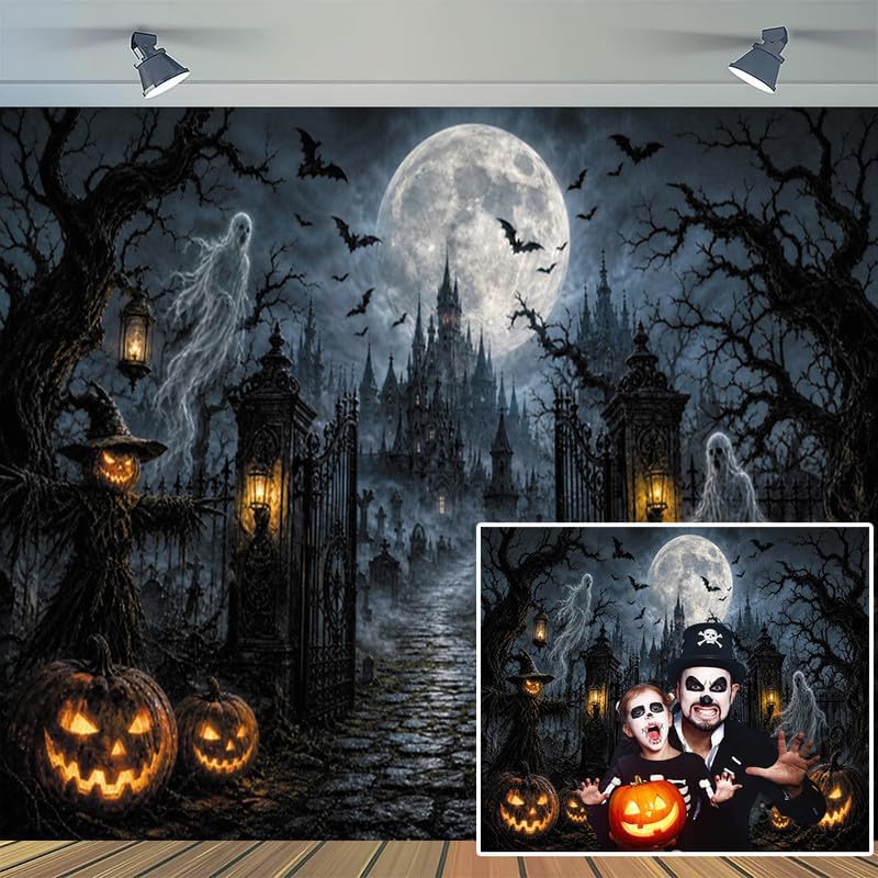 Halloween Graveyard Castle Backdrop 10x8ft, Spooky Ghost Pumpkin Gothic Haunted House Photography Background, Full Moon Night Bat Scarecrow Banner, Horror Halloween Party Decor Photo Booth Props