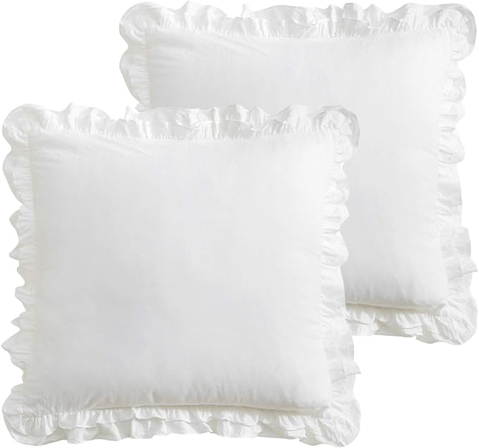 2 Pack Off White Ruffled Euro Shams Pillow Covers, 100% Cotton Vintage French by KMASANIJI