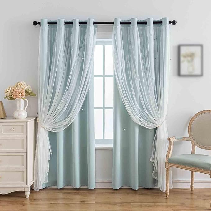Anytime Romantic Kids Curtain, Hollow-Out Stars Window Curtain Double Layer by Anytime