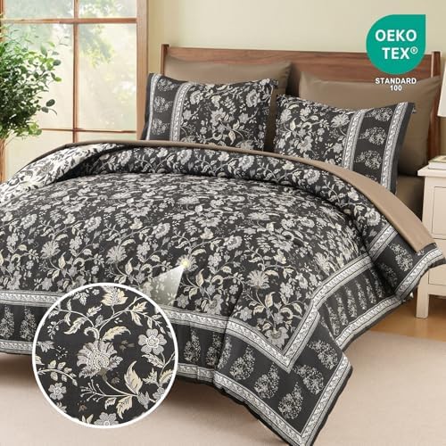 Boho Comforter Set Queen,Reversible Brown Gray Bedding Paisley 7 Piece