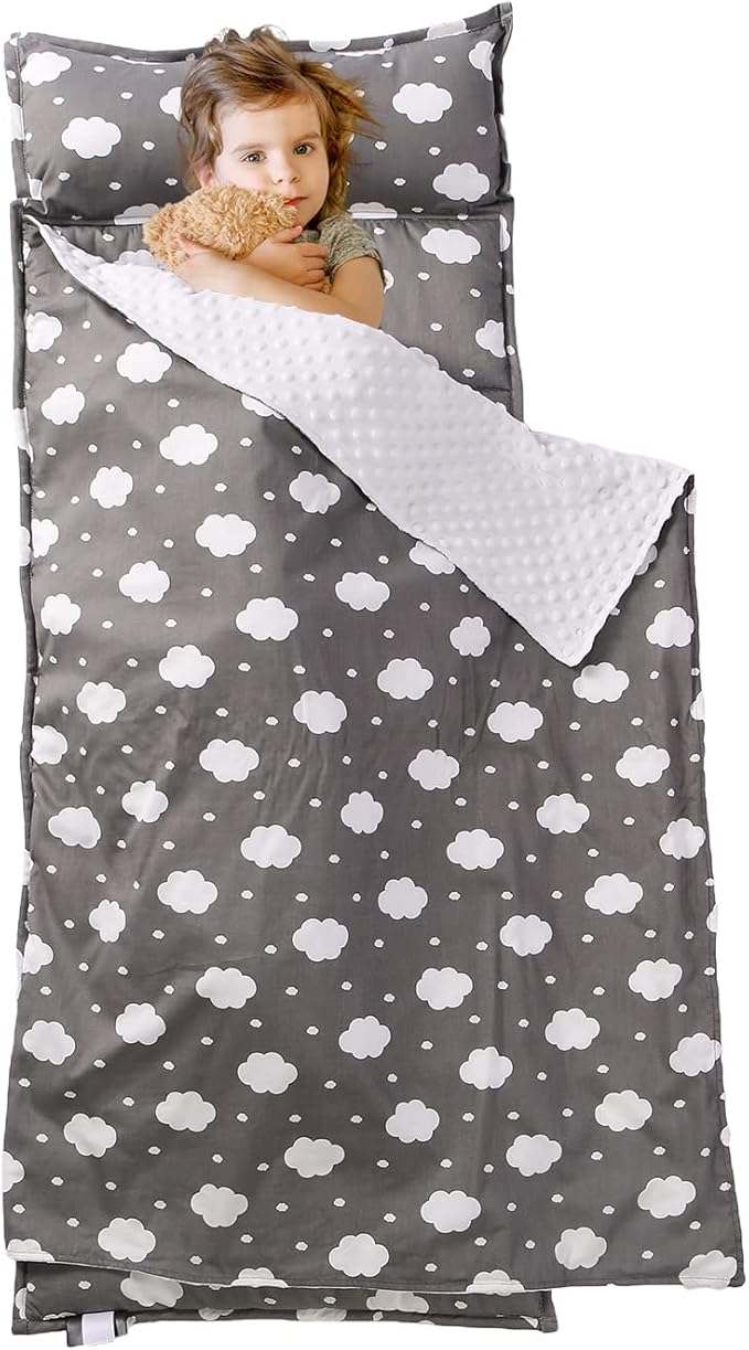 Toddler Nap Mat with Pillow and Minky Blanket, Soft Rolled Napping Mats - Image 4