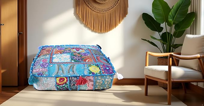 CRAFT KALA Indian Square Patchwork Traditional Pouf Cover Indian Living Room - Image 7