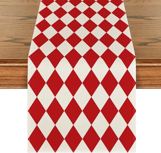 Artoid Mode Diamond Plaid Red Valentine Table Runner, Seasonal Spring Summer by ArtoidMode
