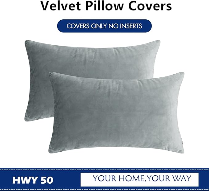 HWY 50 Gray Grey Velvet Rectangular Throw Pillow Covers 12x20 Inch - Image 6
