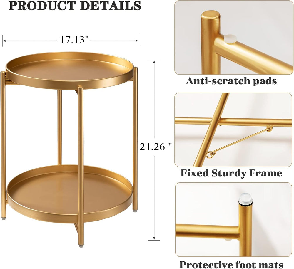 TeoKJ 2 Tier Gold Side Table, Folding Round Metal End Table Small Nightstand ...