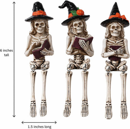 Dlfghos 3 Pieces Halloween Skeleton Statue Halloween Skull Figurine Home Decor Reading Skeleton Figurines Decorations for Indoor Fireplace Home Kitchen Desk Office Party