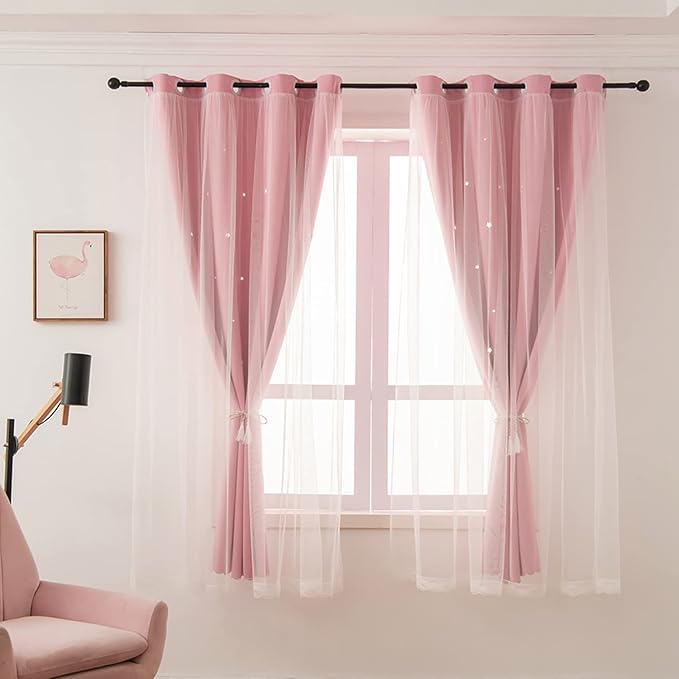 Pink Curtains for Girls Bedroom Kids Baby Room Decor Cute Double Layer Star - Image 2